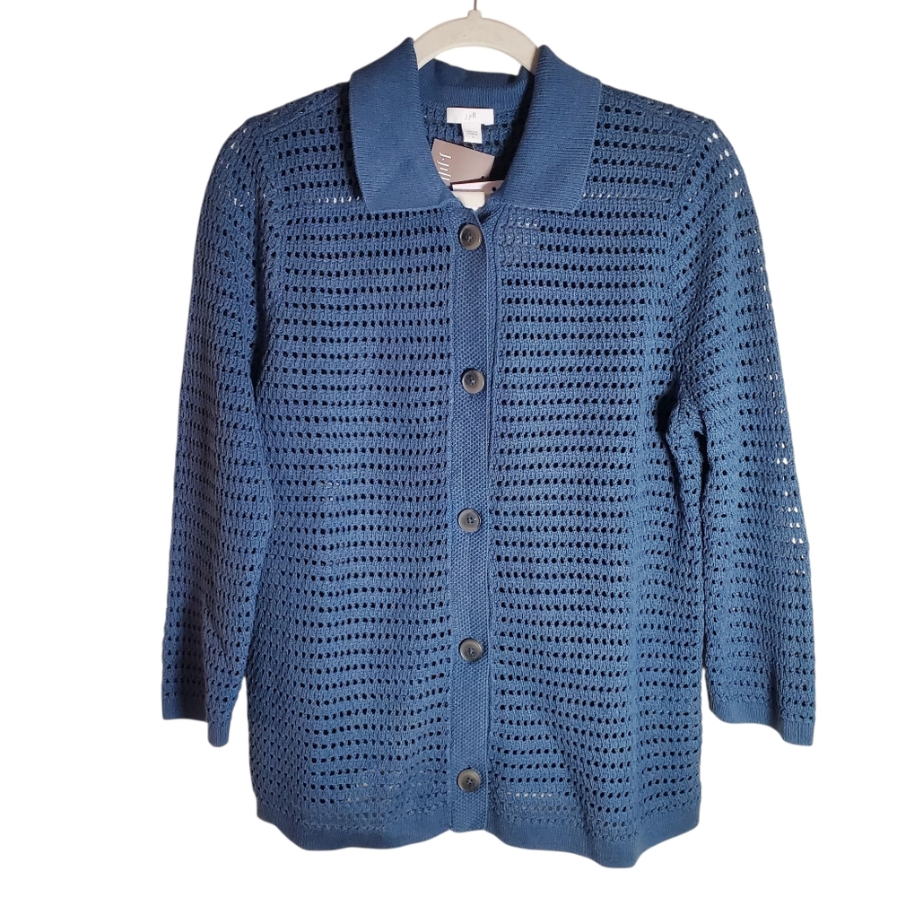 J.Jill Textured 3/4 Sleeve Cardi Open Knit Collared Cardigan Seaside Coastal